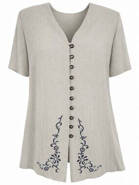 Dress Savvy NY Blouse secretary 16P taupe embroidered retro neutral office NWT